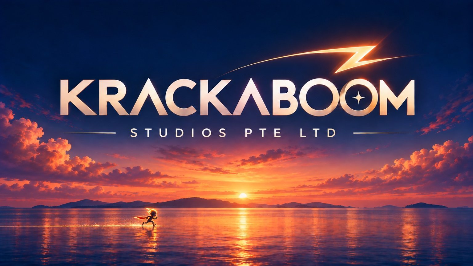 Original Krackaboom Studios cinematic artwork: glowing studio wordmark above a golden sunset and an imaginative runner on the water